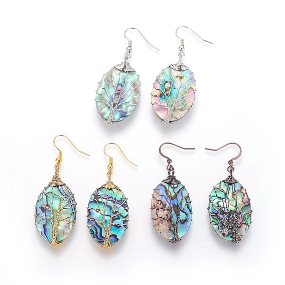 Abalone Shell/Paua Shell Dangle Earrings, with Brass Earring Hooks, Oval with Tree