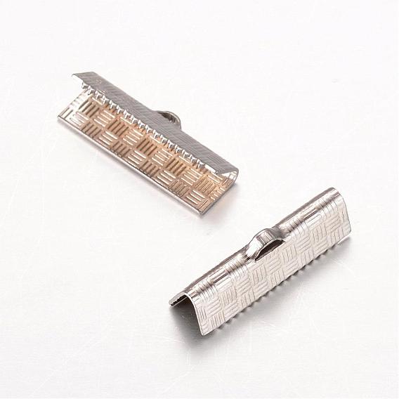 Rectangle 304 Stainless Steel Ribbon Crimp Ends, 5.5x20mm, Hole: 1x2.5mm
