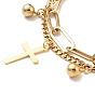 Cross and Round Ball Charm Multi-strand Bracelet, Vacuum Plating 304 Stainless Steel Double Layered Chains Bracelet for Women