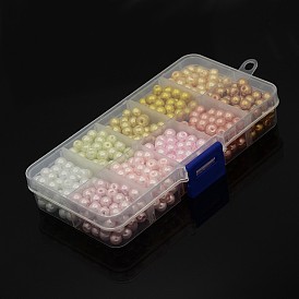 1Box Mixed Style Round Glass Pearl Beads, Dyed, 6mm, Hole: 1mm, about 50pcs/compartment, 500pcs/box