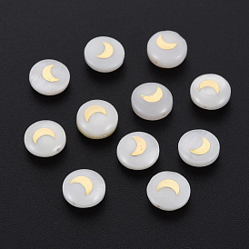 Perles de coquillages naturels d'eau douce, avec des ornements en métal plaqué laiton, plat rond avec la lune