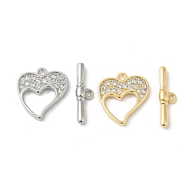 Brass Micro Pave Clear Cubic Zirconia Toggle Clasps, Heart