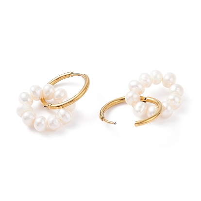 Natural Pearl Beaded Ring Shape Hoop Earring, Drop Huggie Hoop Earrings for Girl Women