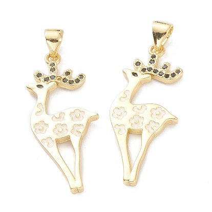 Brass Micro Pave Cubic Zirconia Pendants, Long-Lasting Plated, Real 18K Gold Plated, Sika Deer