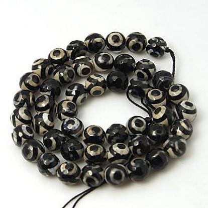 Tibetan Style 3-Eye dZi Beads, Natural Agate, Dyed, Faceted, Round