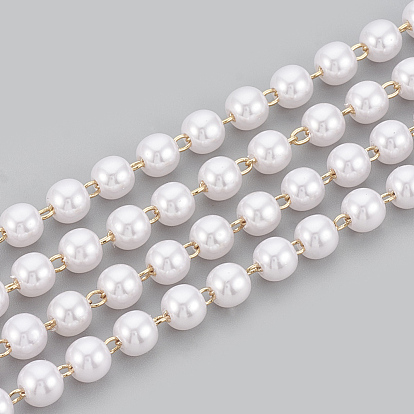 Chaînes de perles en laiton faites à la main, soudé, avec bobine, abs en plastique imitation perle, réel 18 k plaqué or