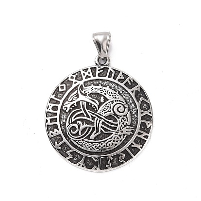 Pendentifs en acier inoxydable, rond plat avec rune viking et corne triple