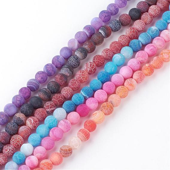 Natural Fire Crackle Agate Bead Strands, Frosted, Dyed, Round