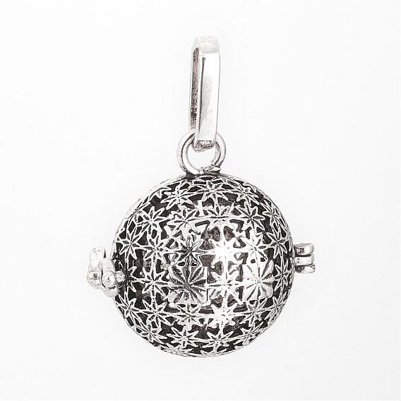 Brass Cage Pendants, For Chime Ball Pendant Necklaces Making, Hollow Round with Flower