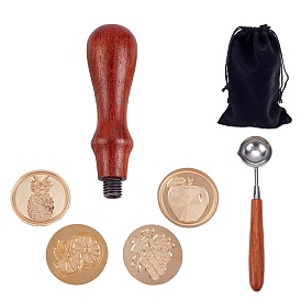 CRASPIRE DIY Scrapbook, Brass Wax Seal Stamp and Wood Handle Sets, with Stamp Head, Iron Wax Sticks Melting Spoon and Rectangle Velvet Pouches, Fruit Theme