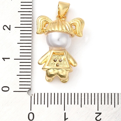 Micro latón allanan colgantes cúbicos del zirconia, con perla de imitación de plástico, sin plomo y cadmio, larga duración plateado, mujeres