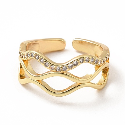 Anillo abierto con ondas y circonitas cúbicas, joyas de latón chapado en oro real 18k para mujer, sin plomo y el cadmio