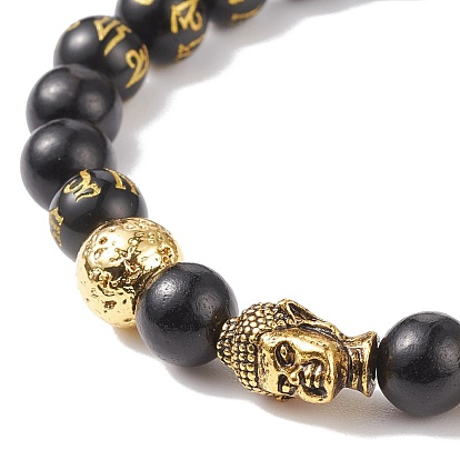 Bracelet de perles om mani padme hum mala, Bracelet extensible tête bouddhiste en obsidienne naturelle, pierre de lave et alliage, bijoux de pierres précieuses d'huile essentielle pour hommes femmes