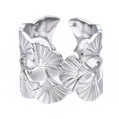 304 Stainless Steel Ginkgo Leaf Wrap Open Cuff Ring, Chunky Hollow Ring for Women