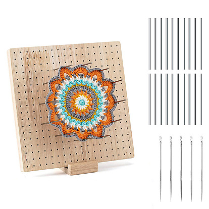 Square Wood Crochet Blocking Board, Knitting Loom, with 20Pcs Metal Sticks, 5Pcs Crochet Needle