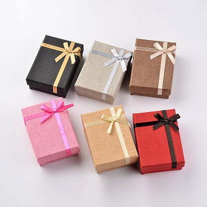 Kraft Cotton Filled Rectangle Cardboard Jewelry Set Boxes with Bowknot, for Ring, Earring, Necklace, 9.3x6.7x3.1cm