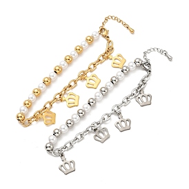 201 Stainless Steel Crown Charm Bracelet, Plastic Pearl Beaded Bracelet with 304 Stainless Steel Cable Chains for Women