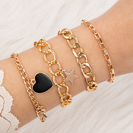 Bold Heart Chain Bracelet Set - 4 Pieces of Statement Alloy Hand Chains for Women