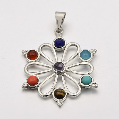 Platinum Plated Alloy Gemstone Flower Pendants, Chakra Jewelry