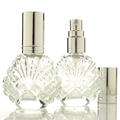 Botella de spray de perfume de vidrio vacía con forma de concha, con tapa de aluminio, atomizador de niebla fina