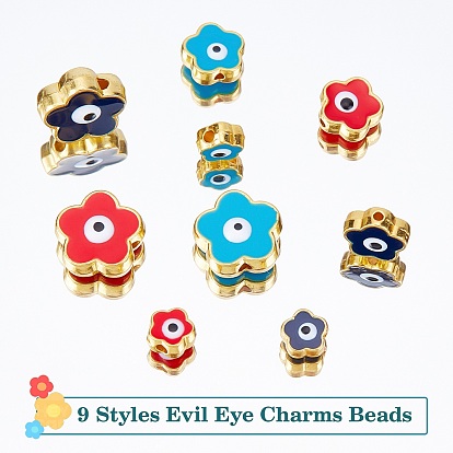 PandaHall Elite 36Pcs 9 Style Rack Plating Alloy Enamel Beads, Cadmium Free & Lead Free, Flower with Evil Eye