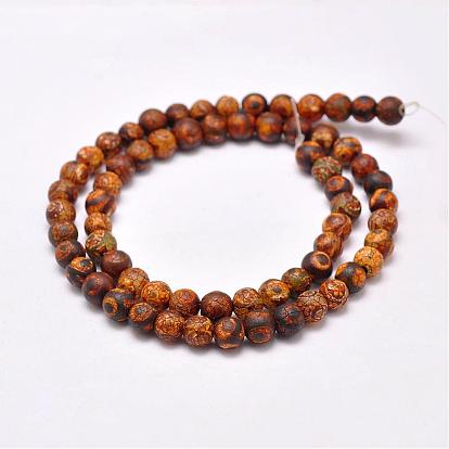 Natural Tibetan Style dZi Beads Strands, Dyed & Heated, Matte Style, Round