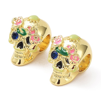 Rack Plating Brass European Beads, with Cubic Zirconia & Enamel, Large Hole Beads, Lead Free & Cadmium Free, Long-Lasting Plated, Sugar Skull for Mexico Day of the Dead