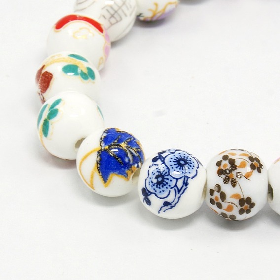 Perles porcelaine styles mélangés fleur à la main imprimé rondes en céramique brins
