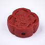 Cinnabar Beads, Carved Lacquerware, Flat Round with Chinese Characters and Flower