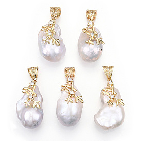 Natural Baroque Pearl Keshi Pearl Pendants, Brass Micro Pave Clear Cubic Zirconia Nuggets Charms with Snap On Bails, Lead Free & Nickel Free & Cadmium Free, Long-Lasting Plated