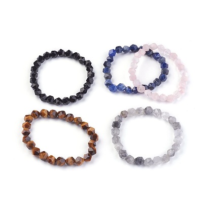 Natural Gemstone Stretch Bracelets, Faceted Polygon