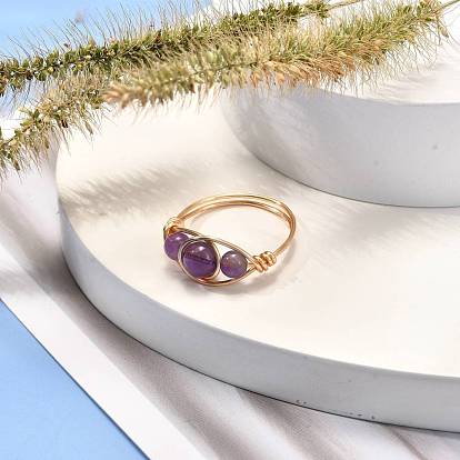 Обернутые медной проволокой кольца из плетеных бусин из натуральных драгоценных камней для женщин, реальный 18 k позолоченный