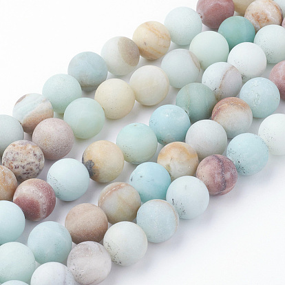 Natural Flower Amazonite Bead Strands, Round, Frosted