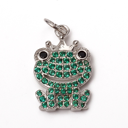 Brass Micro Pave Green Cubic Zirconia Pendants, with Jump Rings, Long-Lasting Plated, Frog with Crown