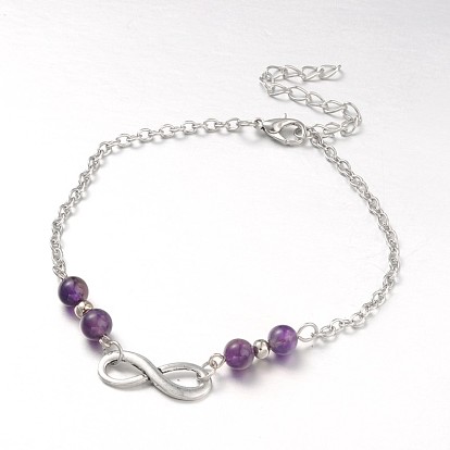 Tibetan Style Alloy Infinity  Anklets, with Gemstone Beads, Zinc Alloy Lobster Claw Clasps and Iron Chains
