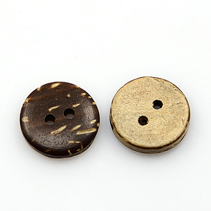 Botones de coco, 2 agujero, plano y redondo, 15x3 mm, agujero: 2 mm