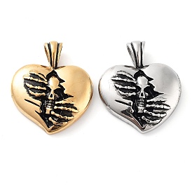 304 Stainless Steel Pendants, Heart with Skull Charm