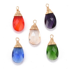 Faceted Glass Pendants, with Eco-Friendly Copper Wire, Teardrop