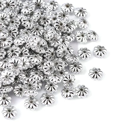 Granos de acrílico baño de plata, flor, color de plata, 6x3 mm, agujero: 1 mm, sobre 9000 unidades / 500 g