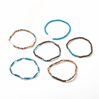 6Pcs 6 Style Natural Coconut & Synthetic Turquoise Beaded Stretch Anklets Set with Brass Tube, Stackable Summer Anklets for Women