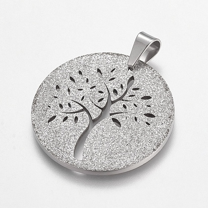 Trendy Flat Round with Tree Necklace Findings 304 Stainless Steel Textured Pendants, 35x36x2mm, Hole: 8x6mm