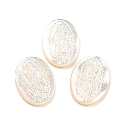 Religion Natural Sea Shell Cabochons, Oval with Engrave Virgin Mary