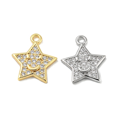 Brass Micro Pave Clear Cubic Zirconia Charms, Star with Smile Face