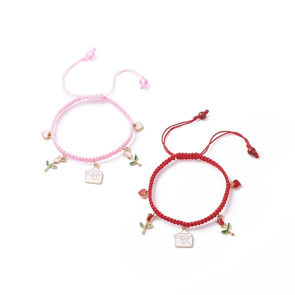 Bracelet à breloques en alliage d'émail rose enveloppe coeur, bracelet réglable tressé pour la saint valentin