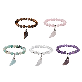 Natural Gemstone Stretch Bracelets, Wing Shape Stone Charm Bracelets for Women