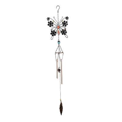Iron Wind Chimes, Small Wind Bells Handmade Pendants, with Brass Tubes, Glass Rhinestone and Acrylic Beads, Butterfly