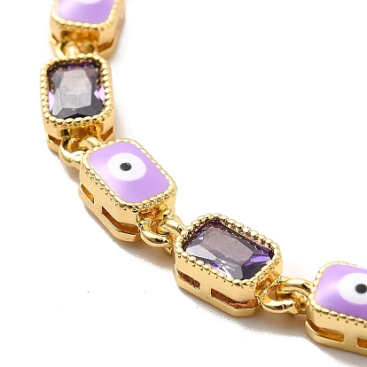 Bracelet chaîne à maillons rectangulaires en émail mauvais œil et zircone cubique, bijoux en laiton doré pour femme