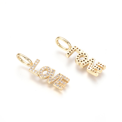 Brass Micro Pave Clear Cubic Zirconia Pendants, Word Love, for Valentine's Day