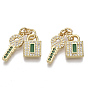 Brass Micro Pave Cubic Zirconia Pendants, with Enamel and Jump Rings, Nickel Free, Lock & Key, Real 16K Gold Plated