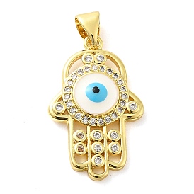 Real 18K Gold Plated Brass Clear Cubic Zirconia Pendants, with Enamel, Hamsa Hand with Evil Eye